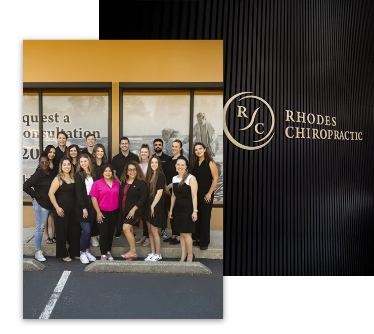 Chiropractor Tigard OR Tony Rhodes Kaden Ogles Ryan Renz Benjamin DePass Alisha Graboyes Team Photo HP The Rhodes Chiropractic team standing outside of the clinic taking a group photo